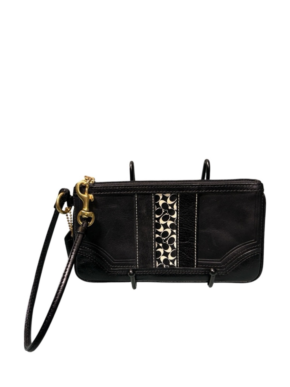 Coach Signature Stripe Small Wristlet Black Leather Brass Hardware Vintage